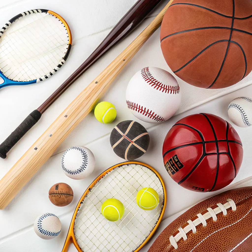 A collection of high-quality sports gear including balls, rackets, and more.